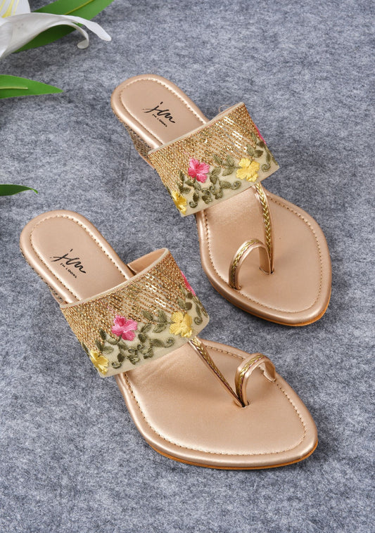 Floral embroidered wedge heel sandal for women featuring gold sequin strap and woven jute wedge heel