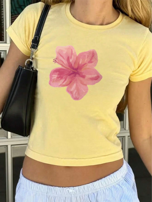 Round Neck Short Sleeve Flower Print T-Shirt