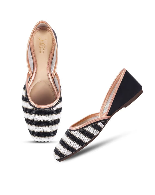 Black Embellished Stone Work Square Toe Beaded Stripe Mojaris Flats Juttis for Women & Girls