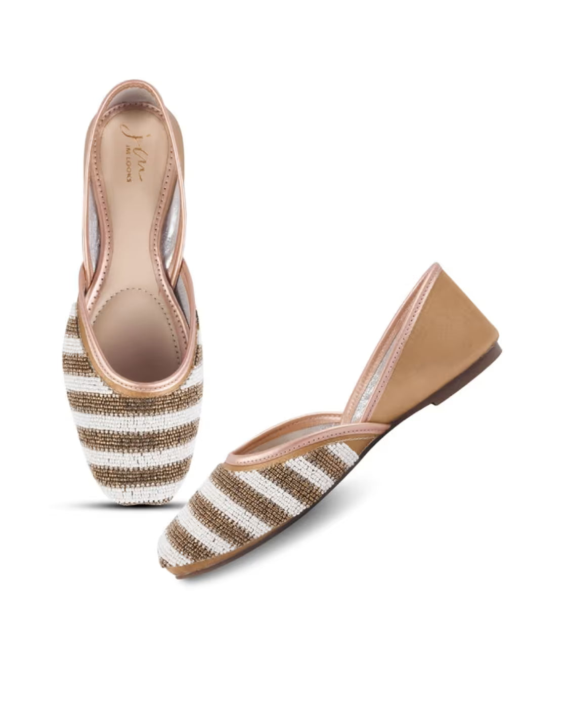 Copper Embellished Stone Work Square Toe Beaded Stripe Mojaris Flats Juttis for Women & Girls