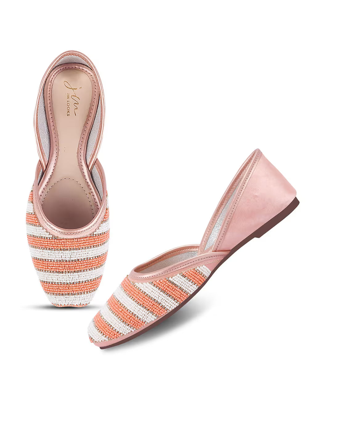 Peach Embellished Stone Work Square Toe Beaded Stripe Mojaris Flats Juttis for Women & Girls