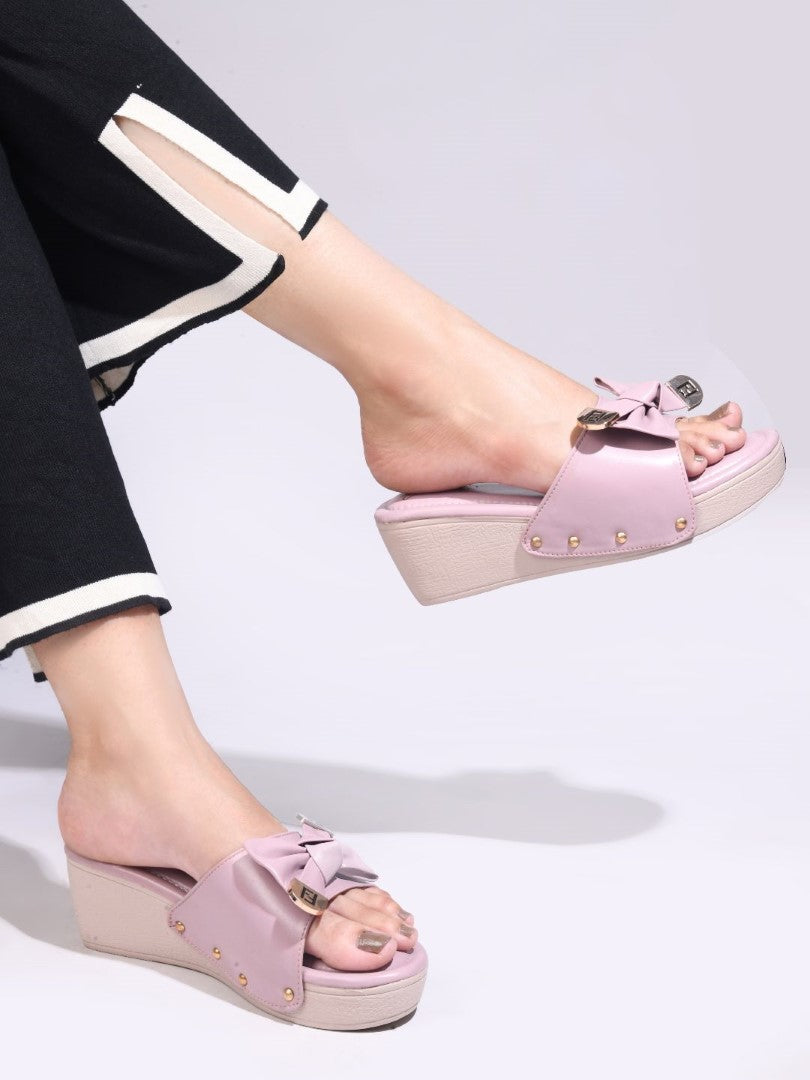JM Looks Women's Bow Detail Platform Wedges Wood Rose