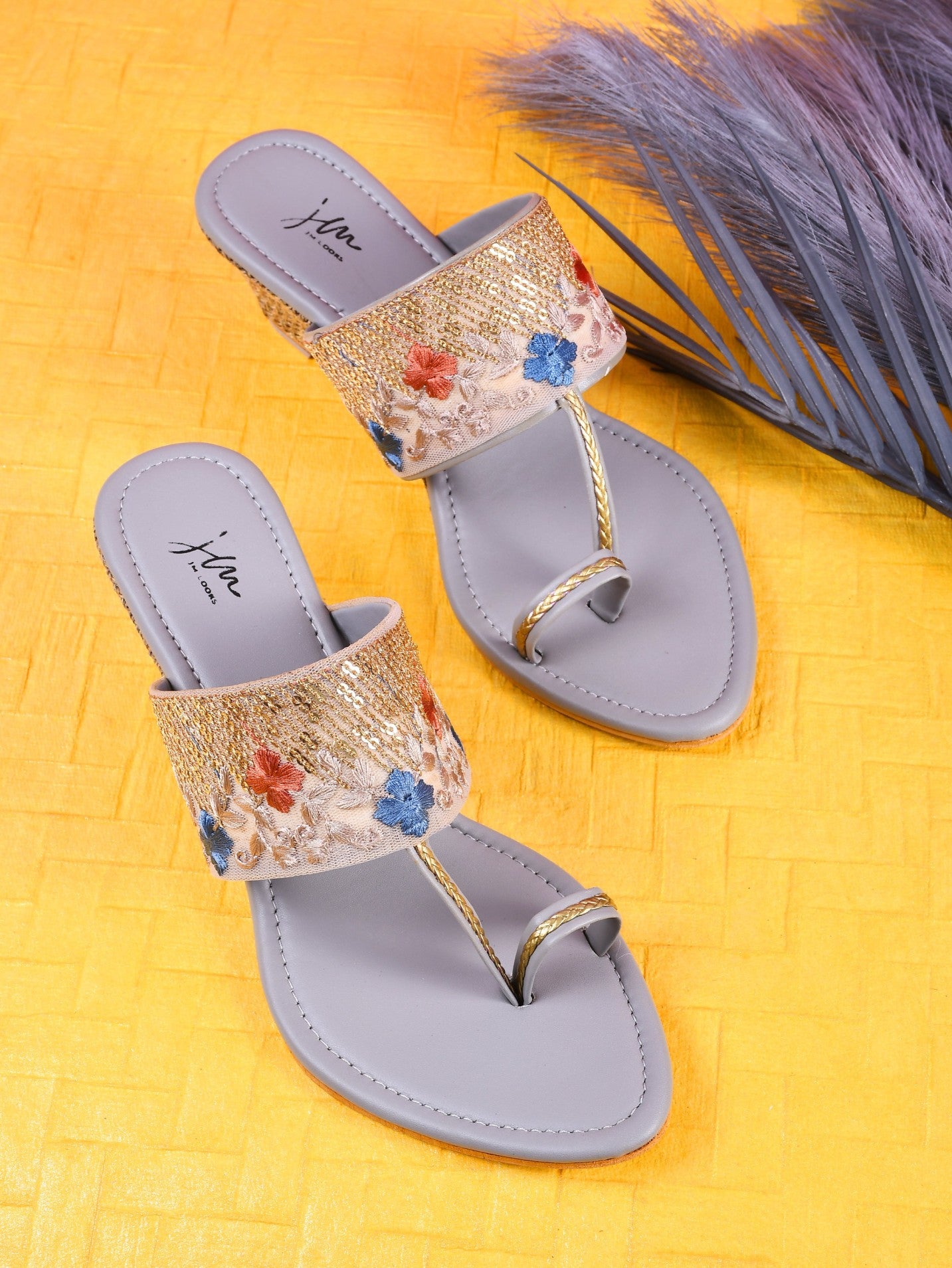 Floral embroidered wedge heel sandal for women featuring grey sequin strap and woven jute wedge heel