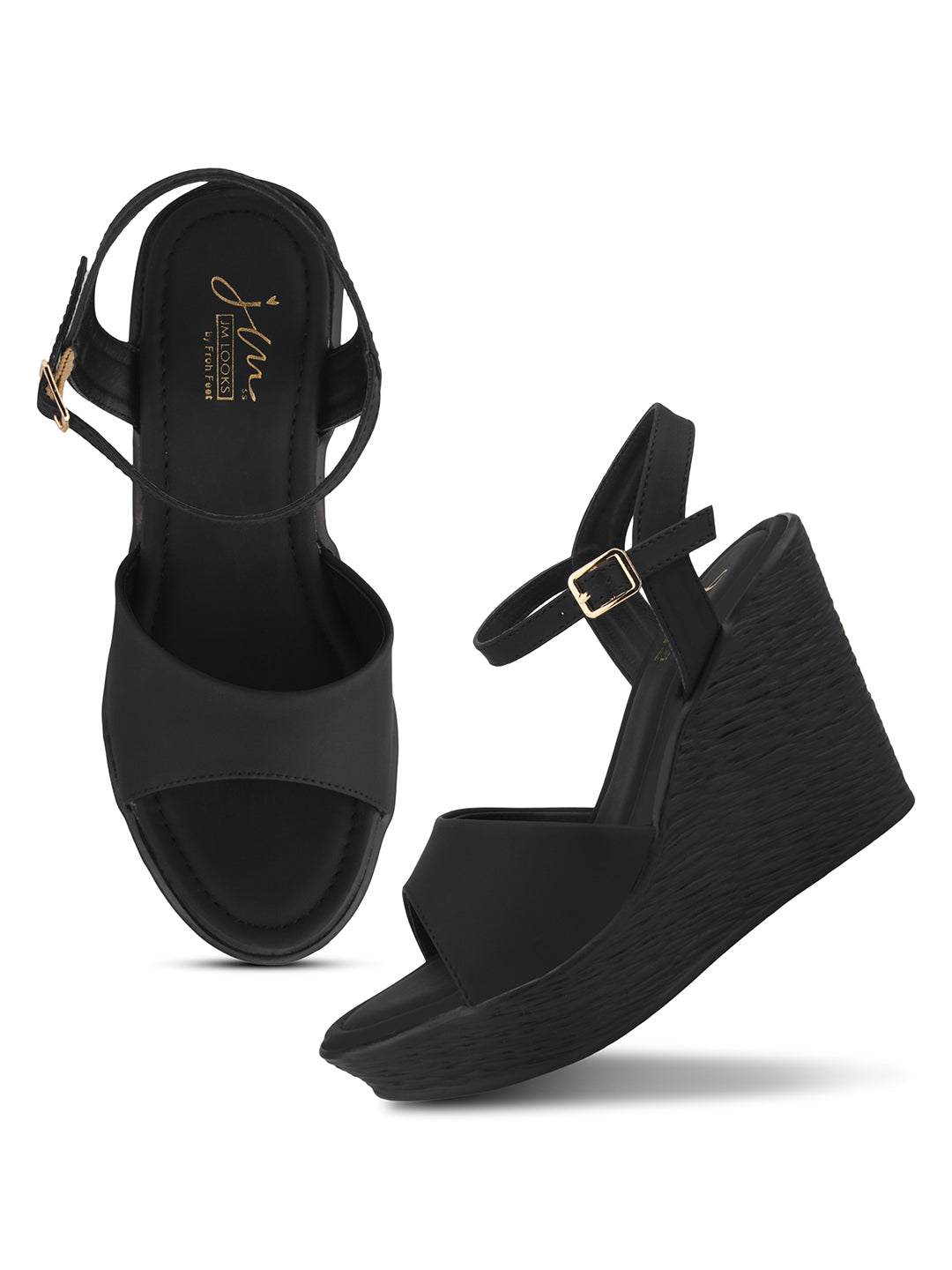 Black peep-toe wedge heels with ankle buckle strap