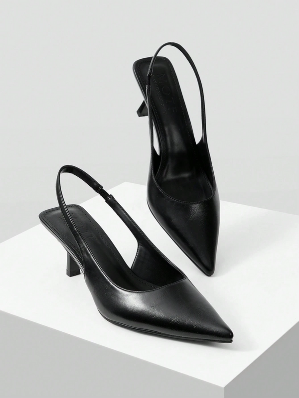 Slingback Heels for Women featuring pointed toe design, elastic back strap, kitten heel, comfortable everyday wear Black