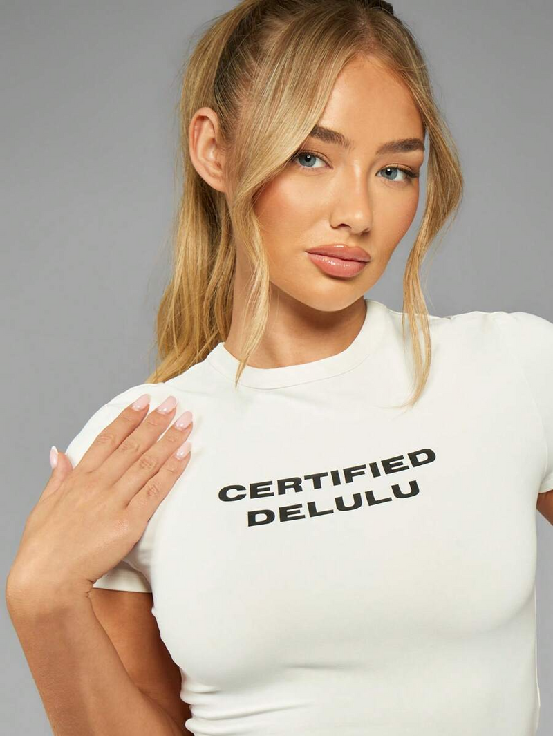 ‘Certified Delulu’ Printed Fitted Crop T-Shirt