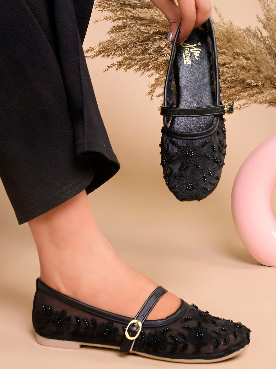Floral Embroidered Sheer Mesh Mary Jane Flat Juttis