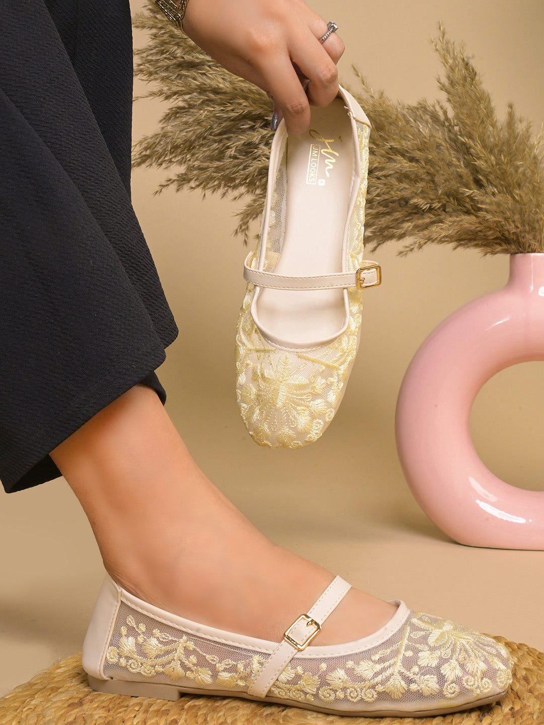JM LOOKS Floral Embroidered Sheer Flat Sandals with Buckle Strap
