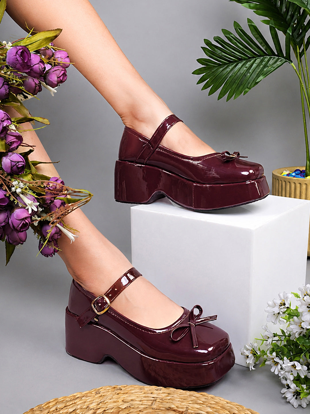 JM LOOKS Glossy Cherry Chunky Platform Mary Jane Shoes with Bow