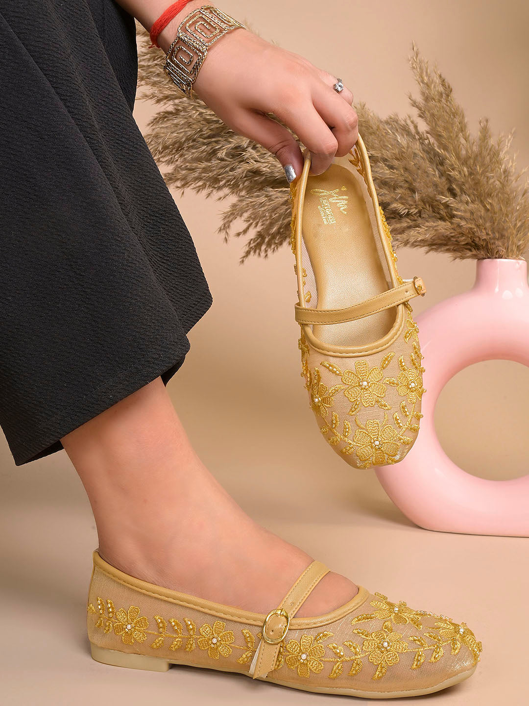 Floral Embroidered Sheer Mesh Mary Jane Flat Juttis