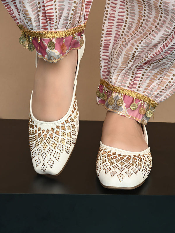 White Women Ethnic Embellished Square Toe Leather Slip-On Flat jutti