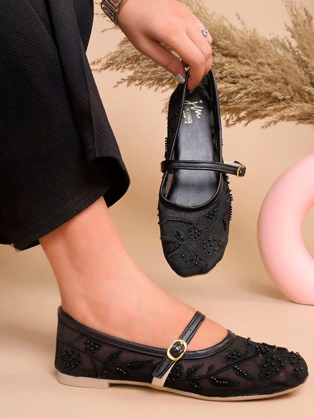 Embroidered Floral Mesh Flat Jutti Shoes for Women