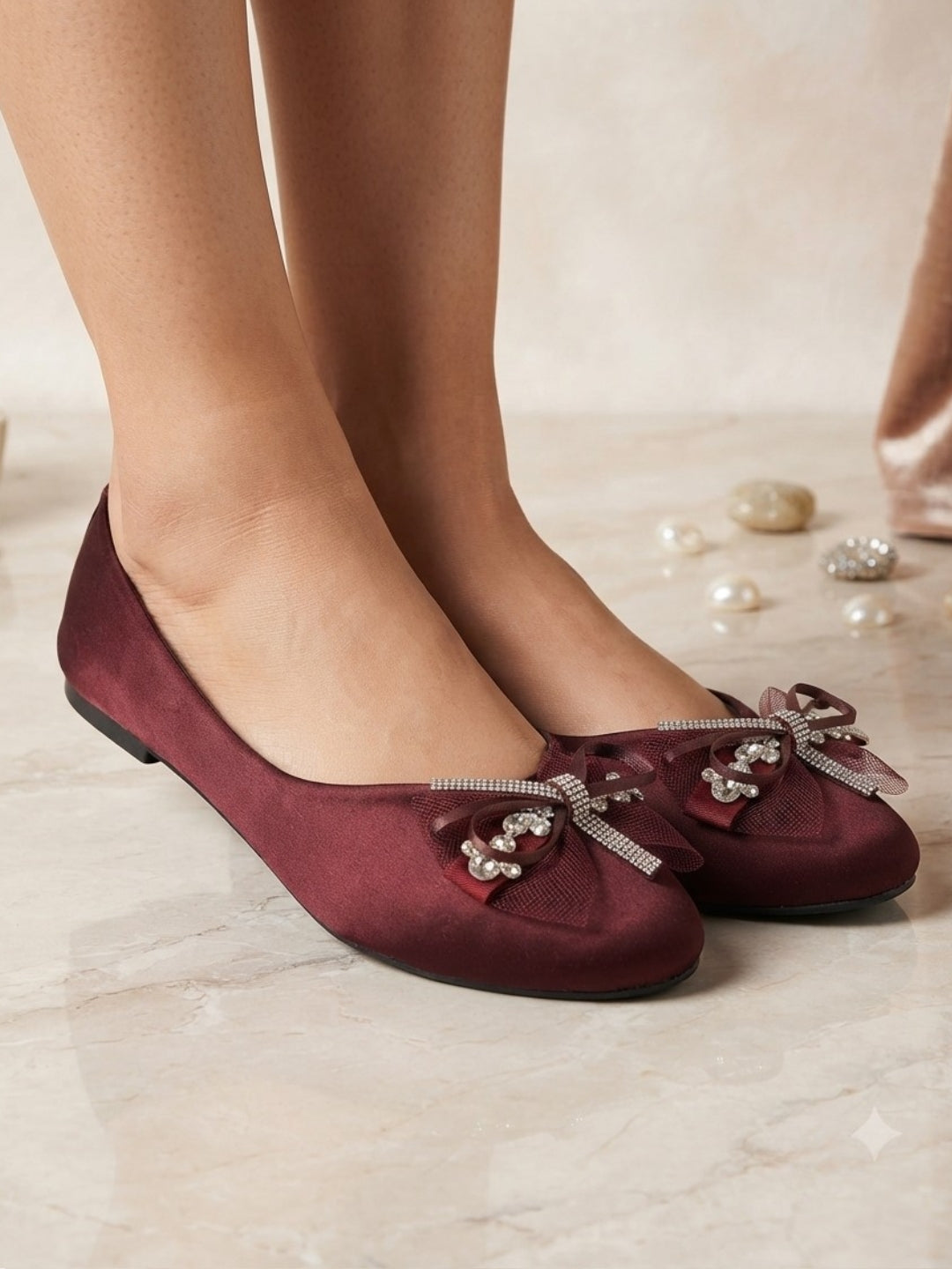 JM LOOKS Pointed Toe Mesh Bow Flat Sandals with Crystal Trim Accent