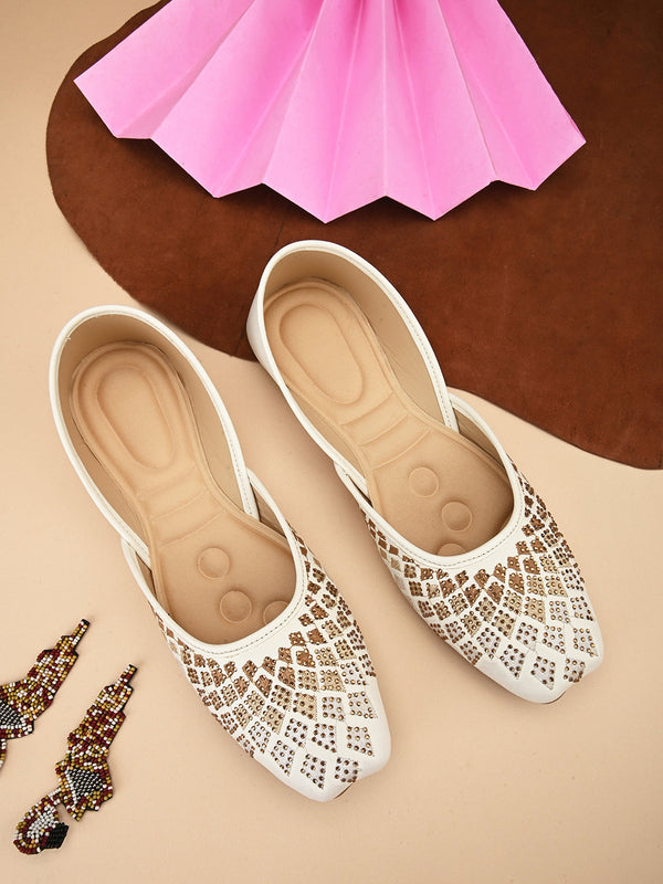 White Women Ethnic Embellished Square Toe Leather Slip-On Flat jutti