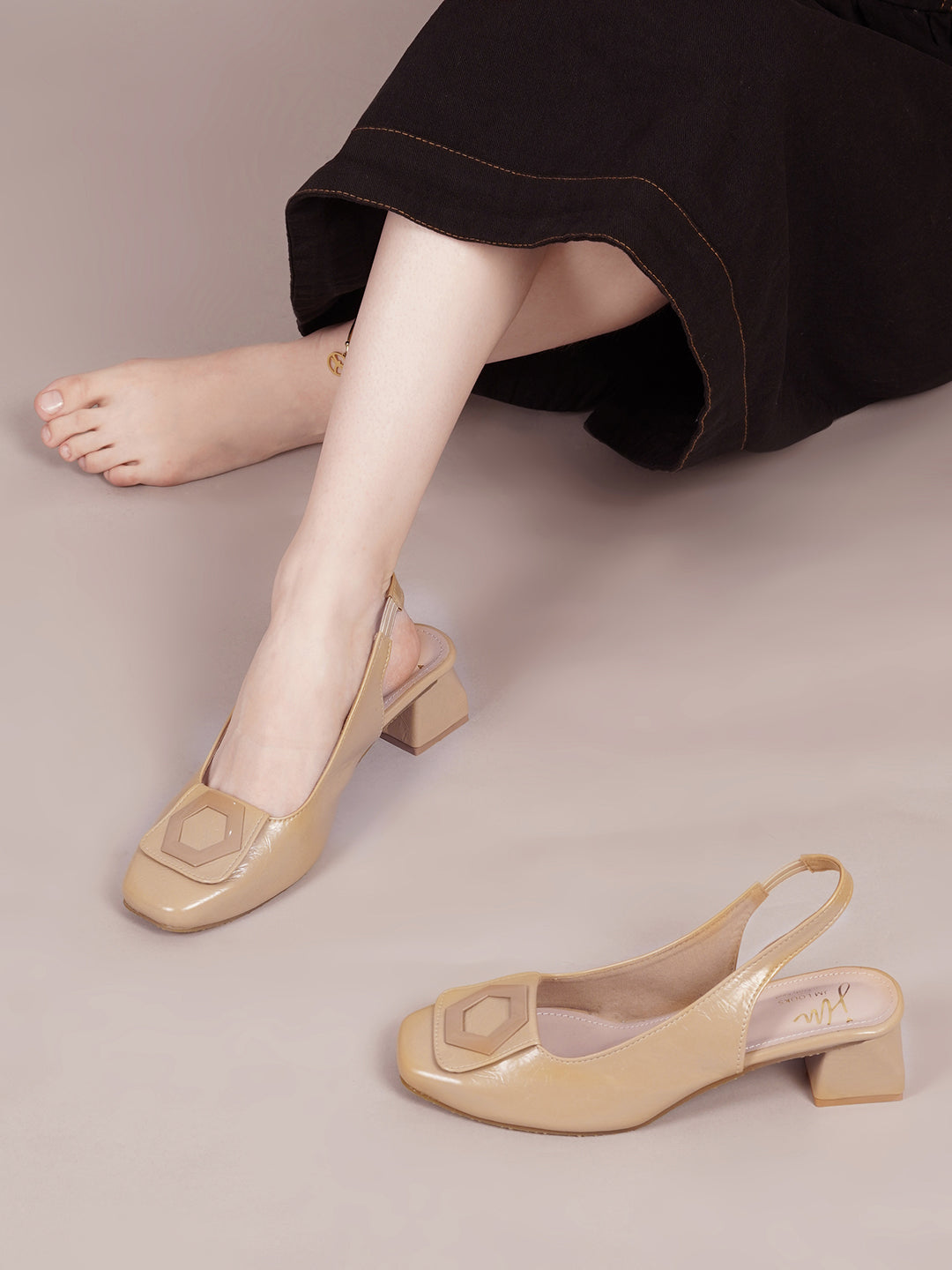 JM LOOKS Square Toe Slingback Block Heel Sandals with Geometric Buckle