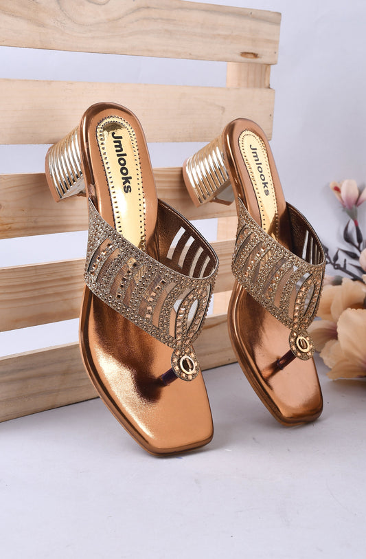 Jm Looks open-toe heels with an embellished broad strap and a textured block heel
 Copper