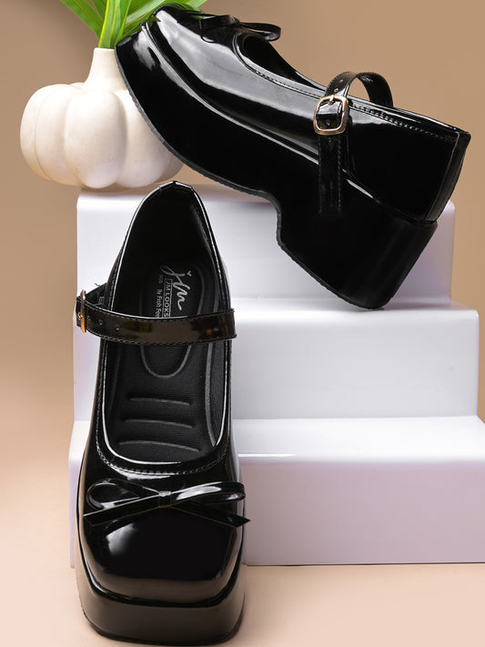 JM LOOKS Glossy Cherry Chunky Platform Mary Jane Shoes with Bow