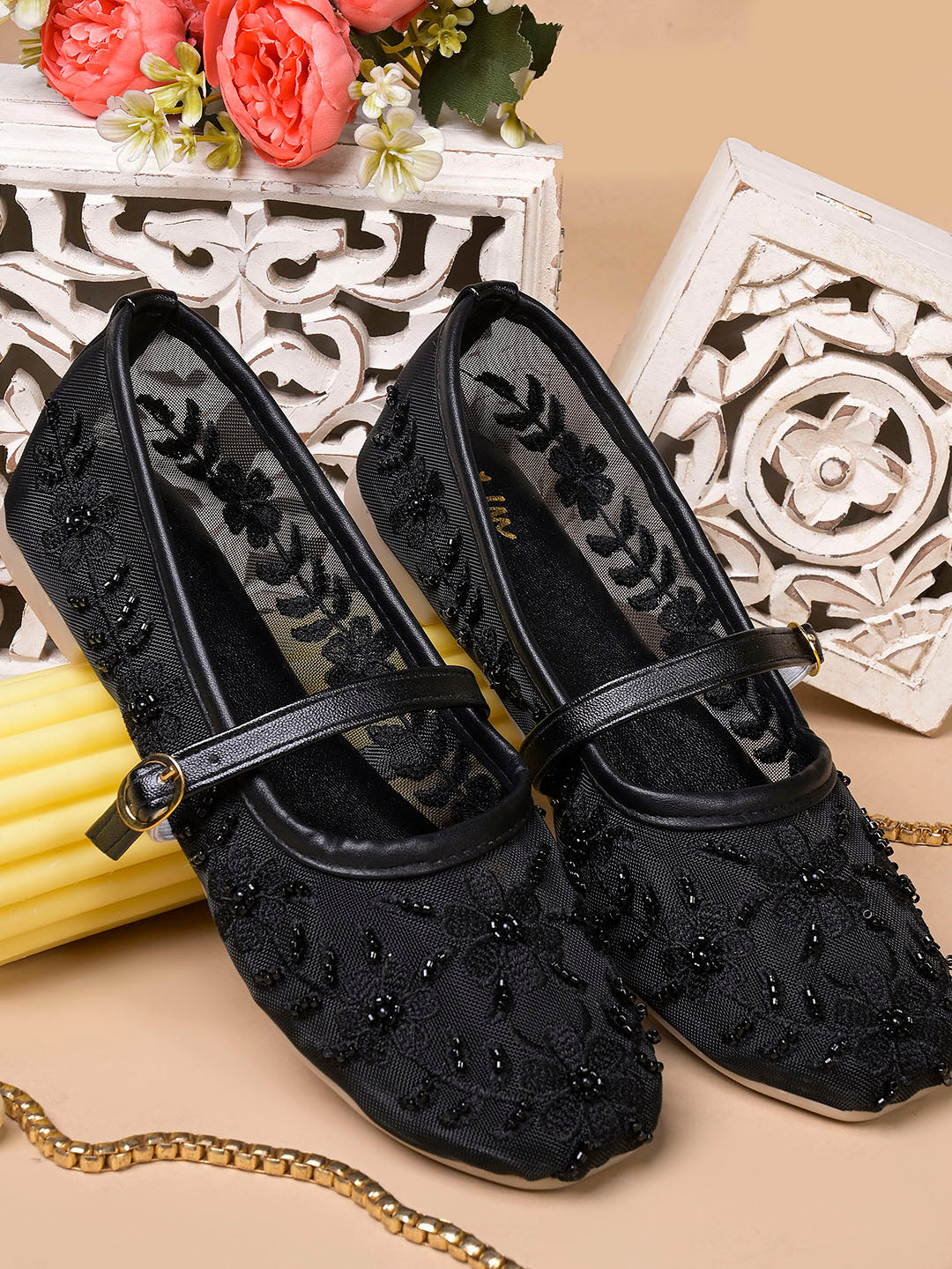 Floral Embroidered Sheer Mesh Mary Jane Flat Juttis
