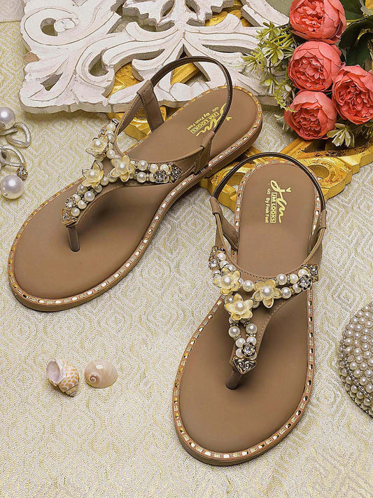 JM LOOKS Pearl Floral Studded T-Strap Flat Sandals with Back Strap