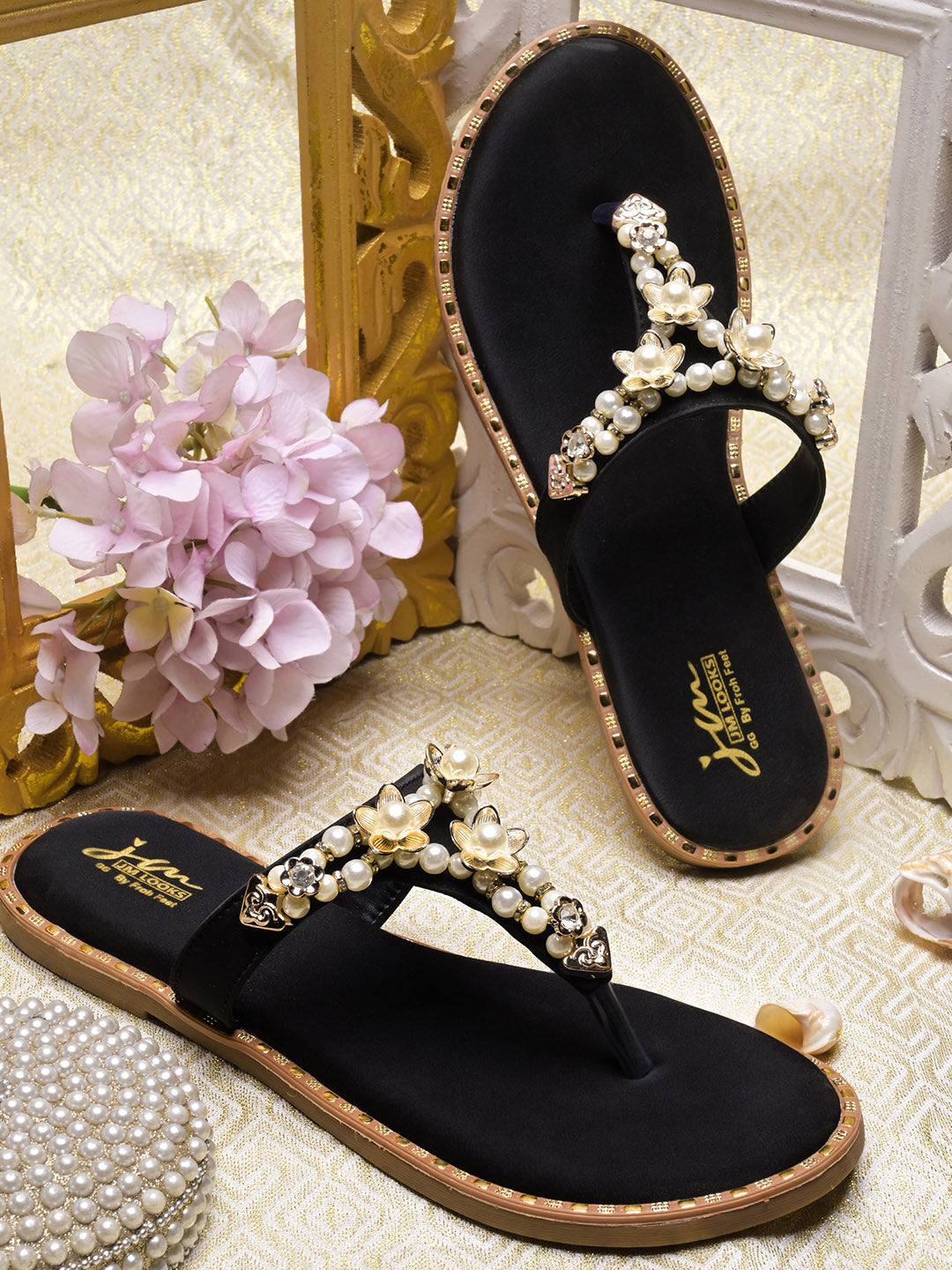 JM LOOKS Pearl Floral Studded Thong Flat Sandals Slip On Slides
