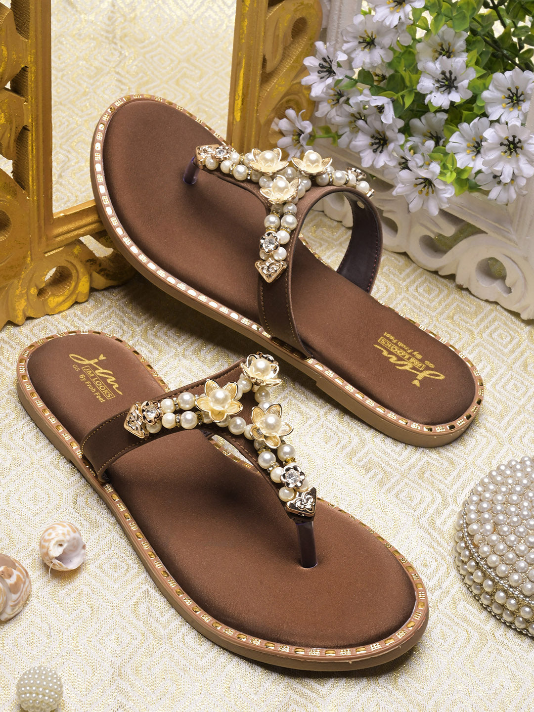 JM LOOKS Pearl Floral Studded Thong Flat Sandals Slip On Slides
