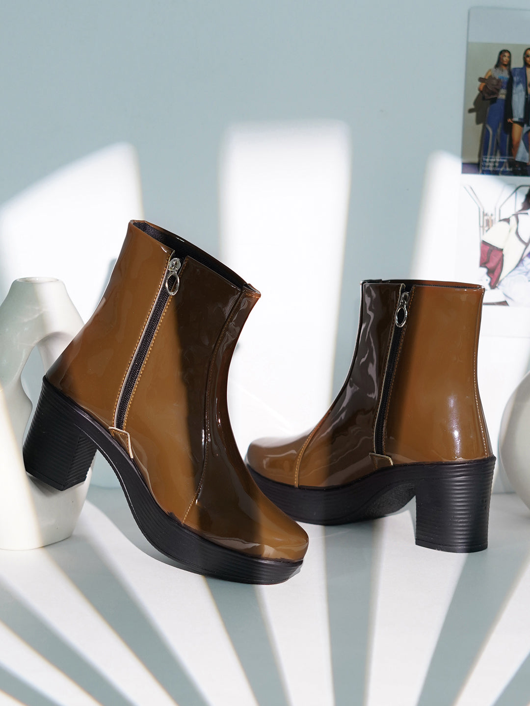 Glossy Finish Block Heel Boot for Women