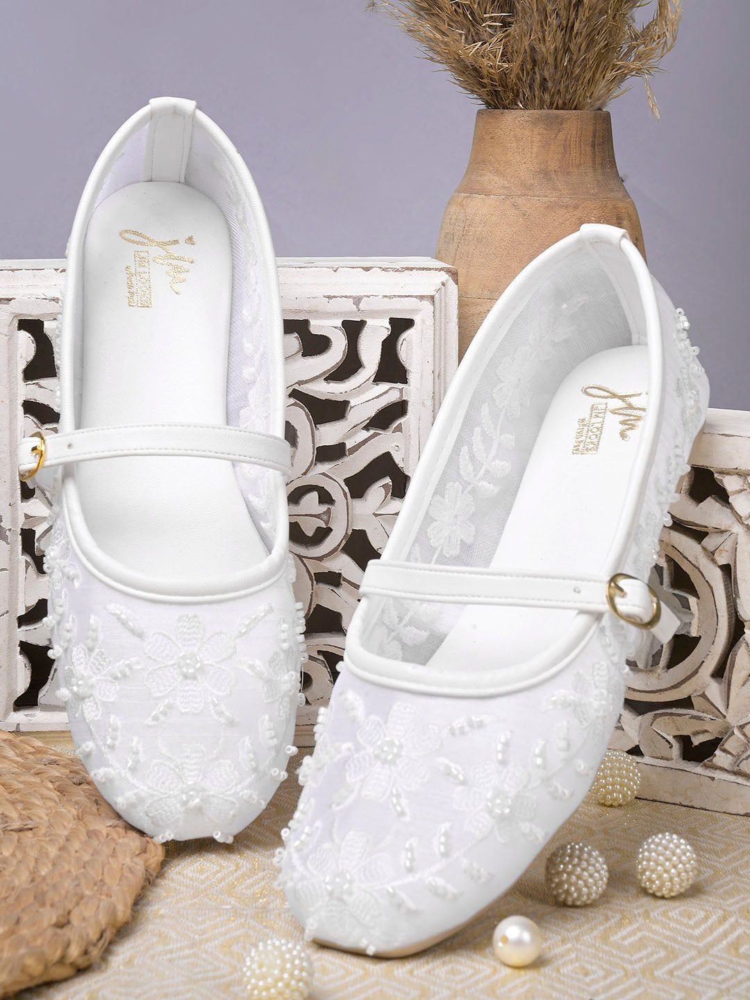 Floral Embroidered Sheer Mesh Mary Jane Flat Juttis