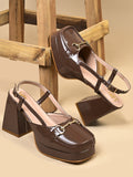 Bold Glossy Platform Block Heels - Brown / 36
