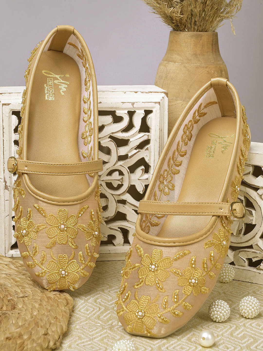 Floral Embroidered Sheer Mesh Mary Jane Flat Juttis