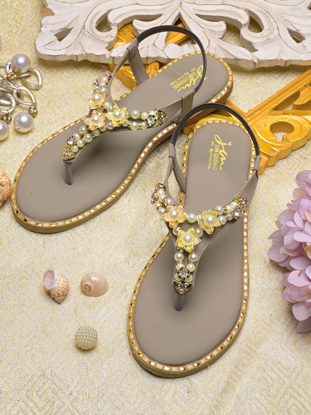 JM LOOKS Pearl Floral Studded T-Strap Flat Sandals with Back Strap