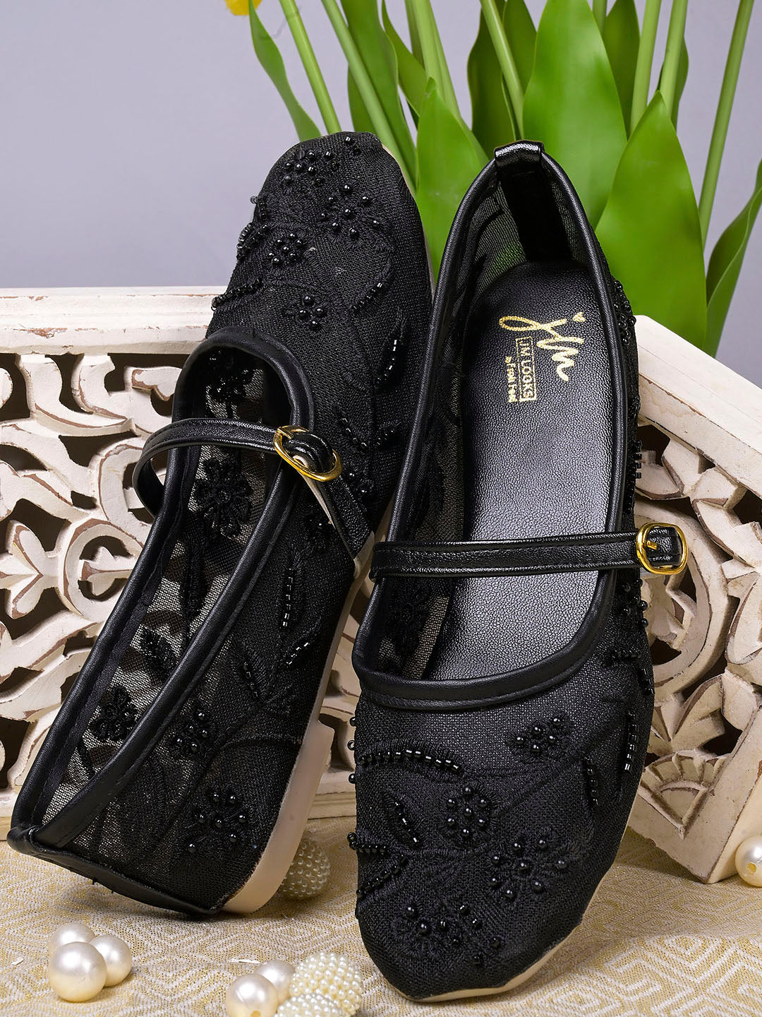 Embroidered Floral Mesh Flat Jutti Shoes for Women