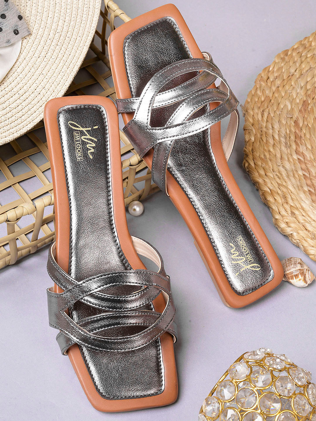 Women Multi-Strap Square Toe Flat Slide Sandals