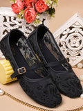 Sheer Floral Embroidered Flat Sandals - Black / 36