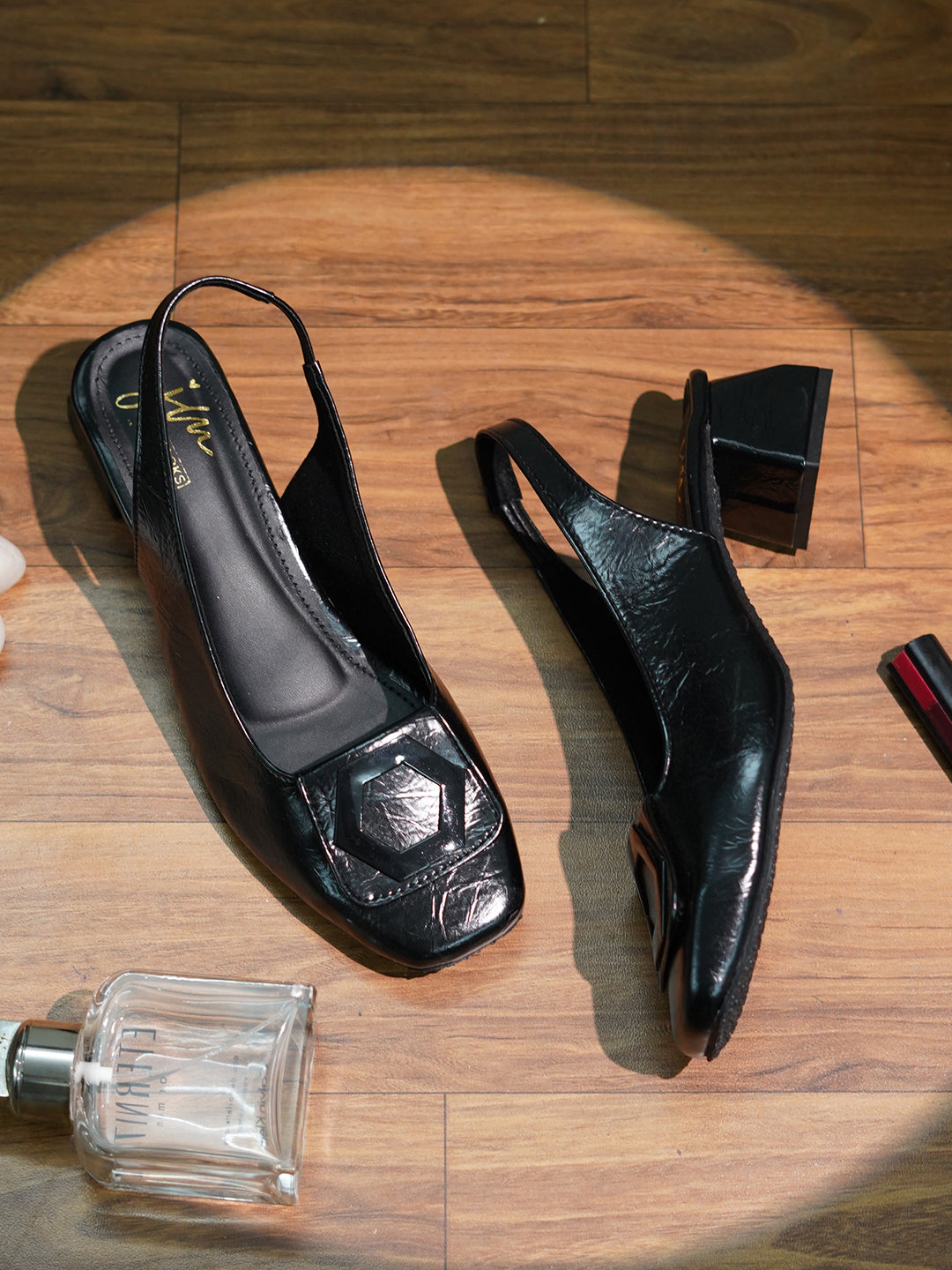 JM LOOKS Square Toe Slingback Block Heel Sandals with Geometric Buckle