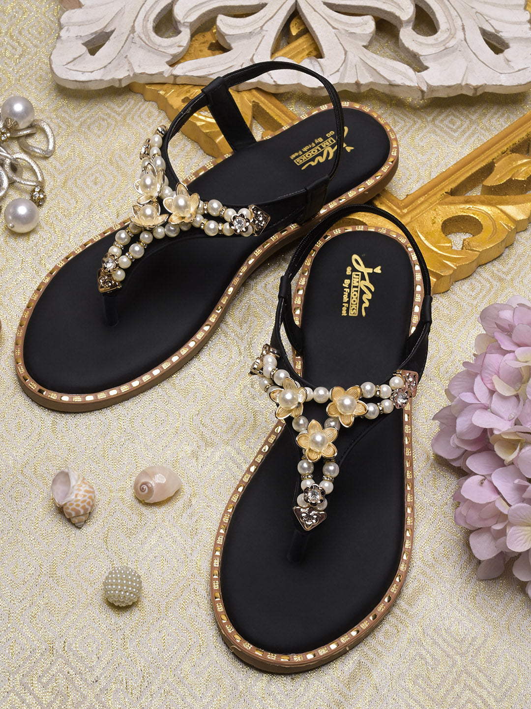 JM LOOKS Pearl Floral Studded T-Strap Flat Sandals with Back Strap