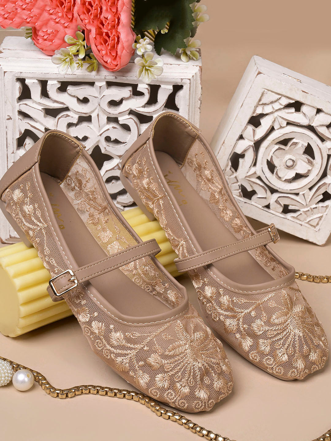 JM LOOKS Floral Embroidered Sheer Flat Sandals with Buckle Strap
