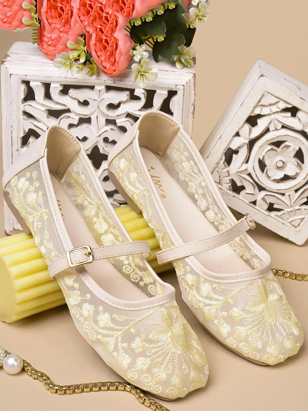 JM LOOKS Floral Embroidered Sheer Flat Sandals with Buckle Strap