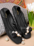 Elegant Floral Corsage Flat Rocker Sole Ballerina - Black / 36