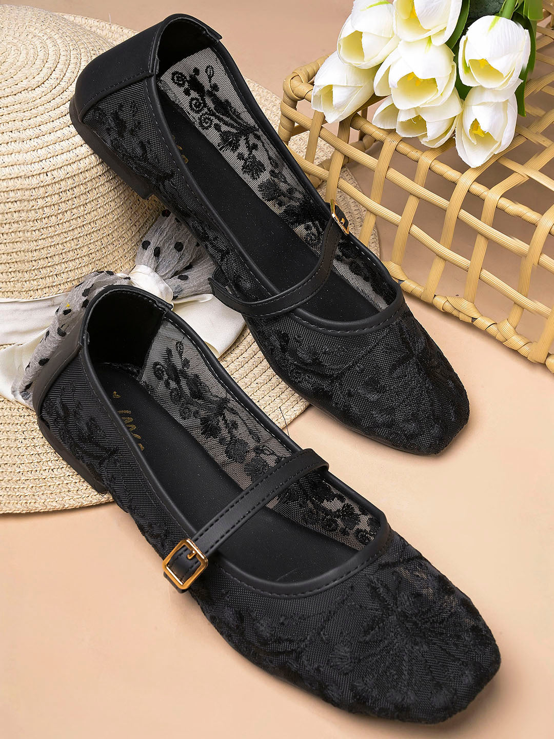 JM LOOKS Floral Embroidered Sheer Flat Sandals with Buckle Strap