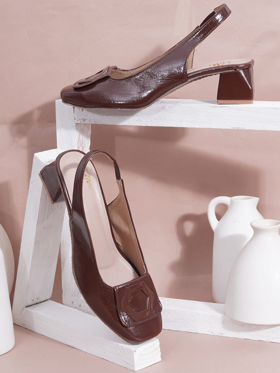 JM LOOKS Square Toe Slingback Block Heel Sandals with Geometric Buckle