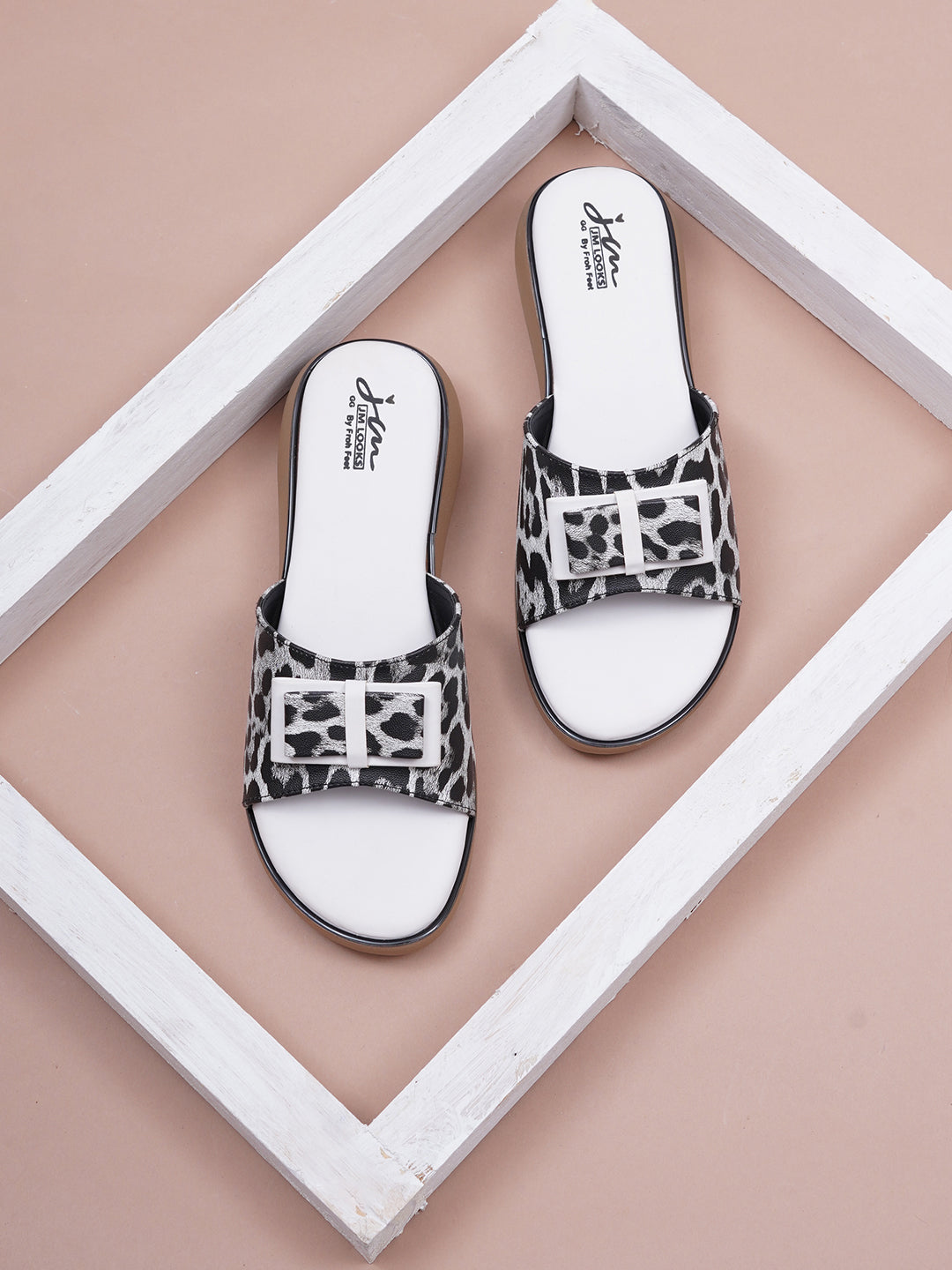JM LOOKS Leopard Print Slide Sandals with Buckle Accent