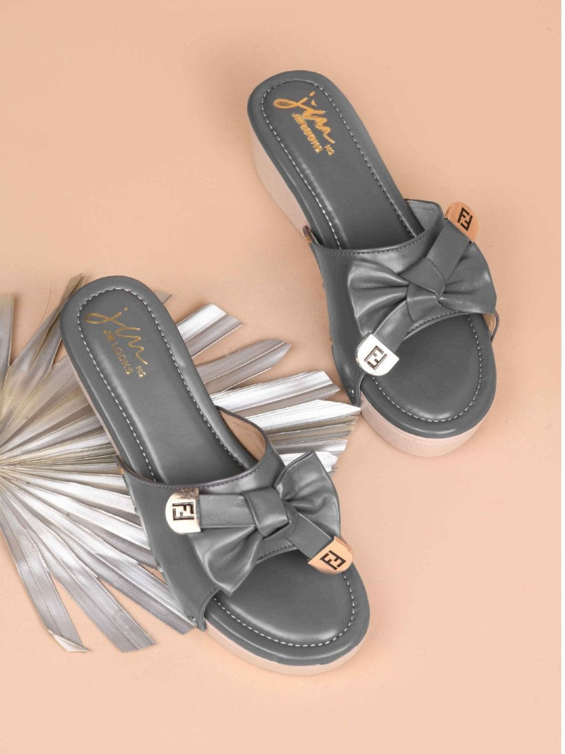JM Looks women's platform wedges with a bow detail on the strap
 Grey
