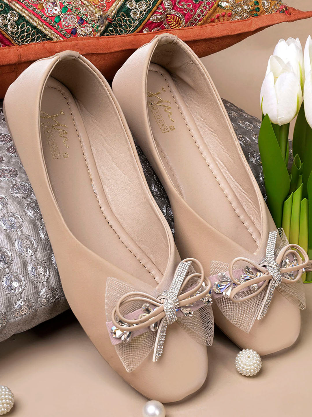 JM LOOKS Pointed Toe Mesh Bow Flat Sandals with Crystal Trim Accent