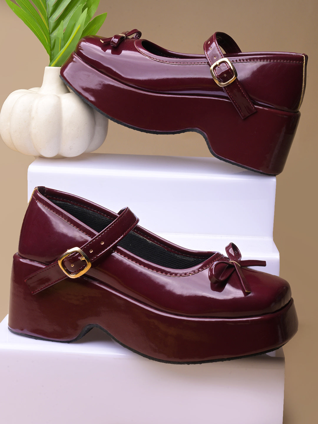 JM LOOKS Glossy Cherry Chunky Platform Mary Jane Shoes with Bow