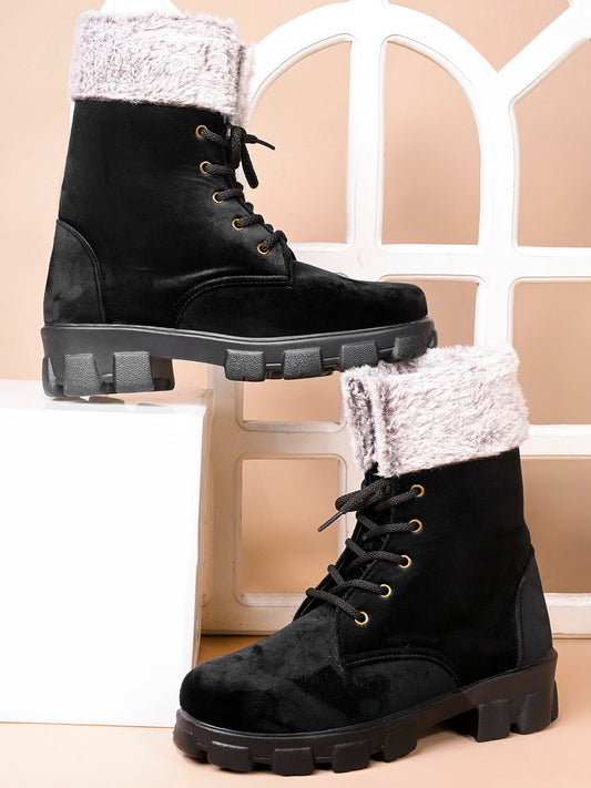 Women Furry Collar Lace-Up Winter Boots