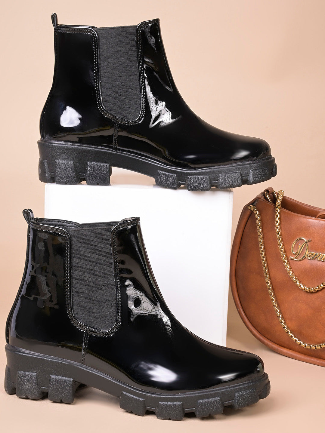 Glossy Finish Lug Sole Chelsea Boots for Women