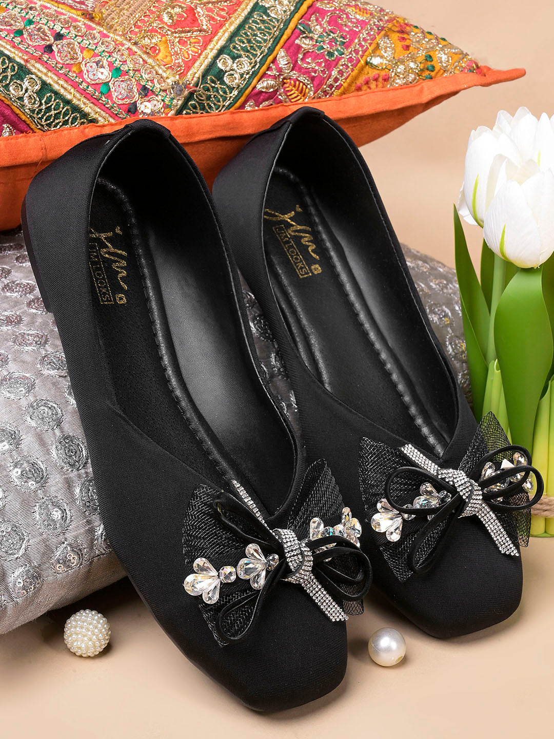 JM LOOKS Pointed Toe Mesh Bow Flat Sandals with Crystal Trim Accent