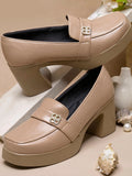 High Block Heel Loafer Pumps for Women with Embellished Buckle - Beige / 36