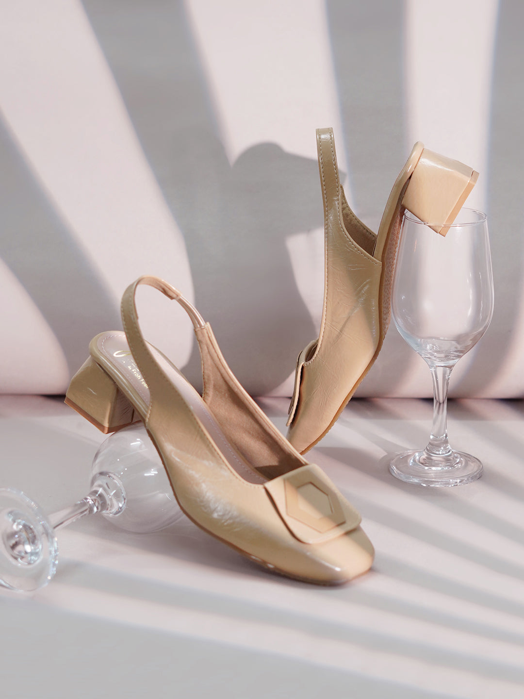 JM LOOKS Square Toe Slingback Block Heel Sandals with Geometric Buckle