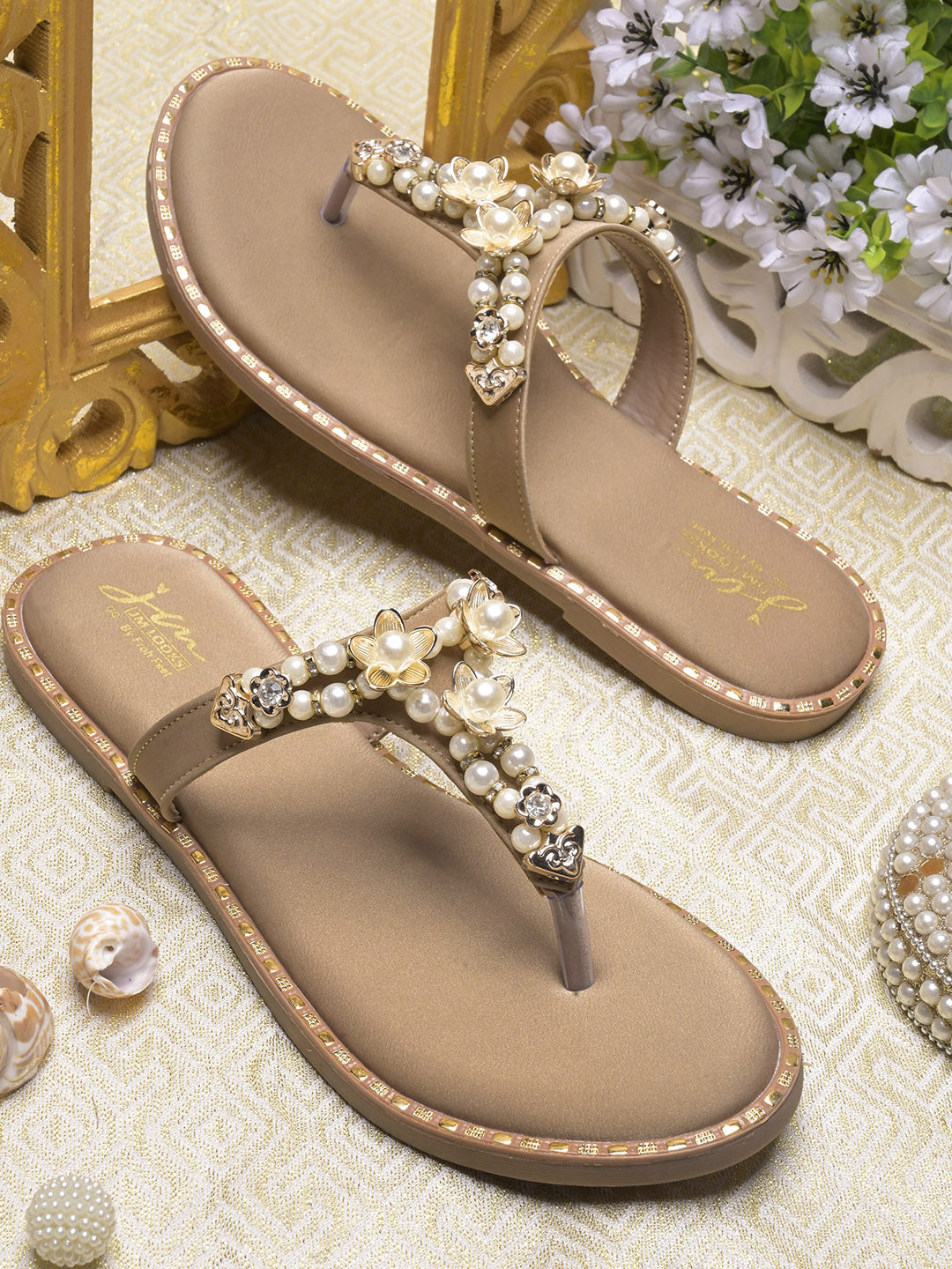 JM LOOKS Pearl Floral Studded Thong Flat Sandals Slip On Slides